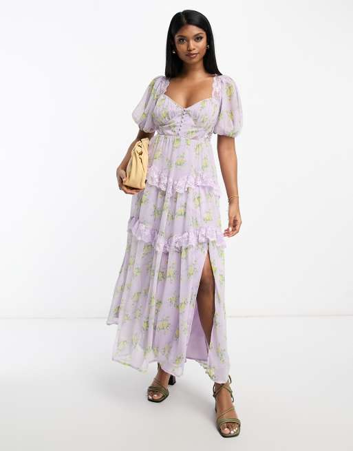 Vestido de tarde midi lila con estampado de florecitas, espalda al aire e insertos de encaje de ASOS DESIGN