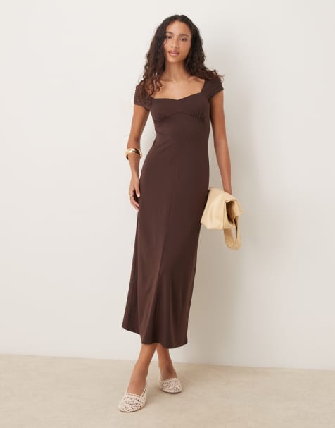 Vestido de tarde midi marrón chocolate con mangas de casquillo de ASOS DESIGN - view 1