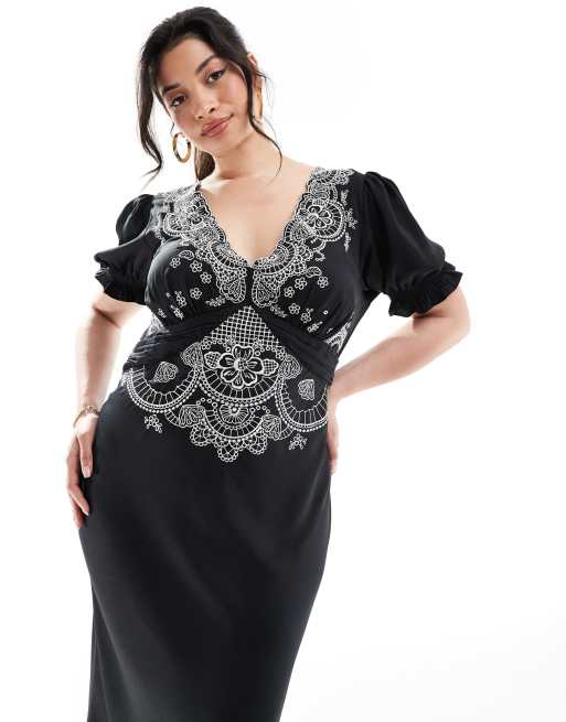 Vestido de tarde midi negro con bordados de satén de ASOS DESIGN Curve, 2 de 4