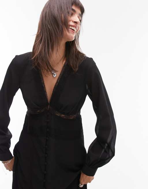 Vestido de tarde midi negro con cuello de pico de encaje de Topshop, 2 de 4
