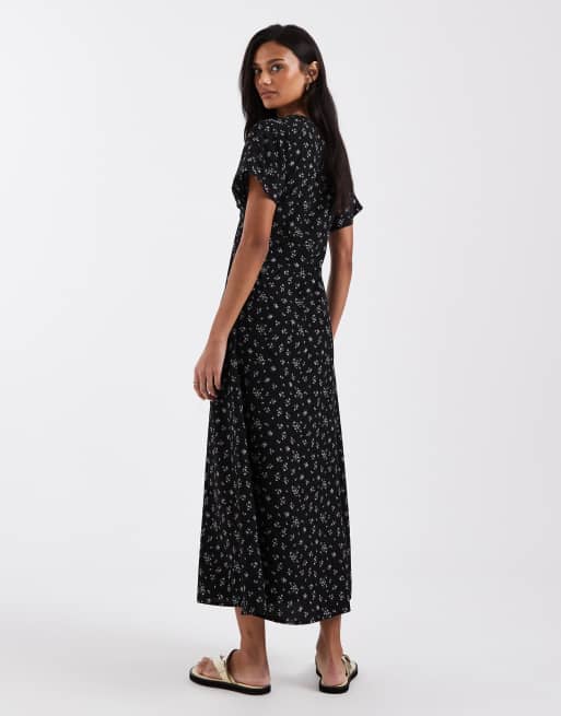Vestido de tarde midi negro con estampado de florecitas de Brave Soul, 2 de 4