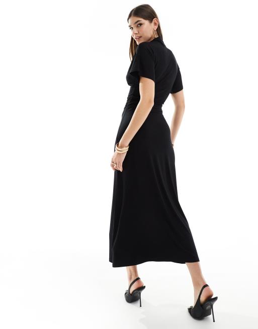 Vestido de tarde midi negro de manga corta con cuello alzado de ASOS DESIGN, 4 de 4