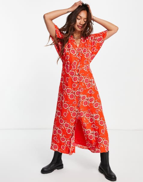 Vestido de tarde midi rojo con estampado floral Ella de Whistles - view 1