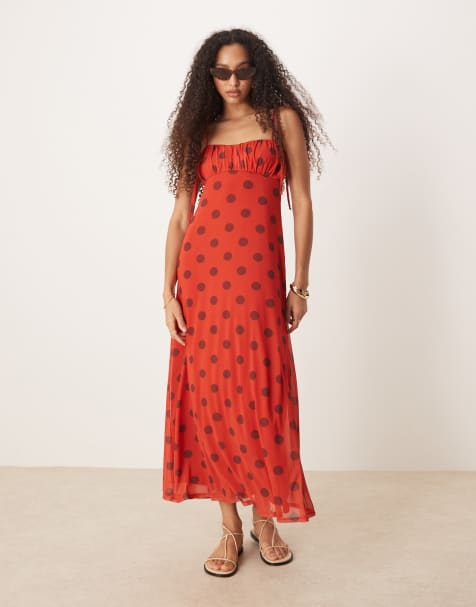 Vestido de tarde midi rojo de tirantes anudados con estampado de lunares de ASOS DESIGN - view 1