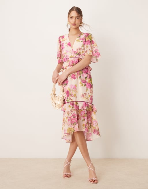 Vestido de tarde midi rosa estampado con sobrefalda en la cintura de Hope & Ivy, 2 de 4