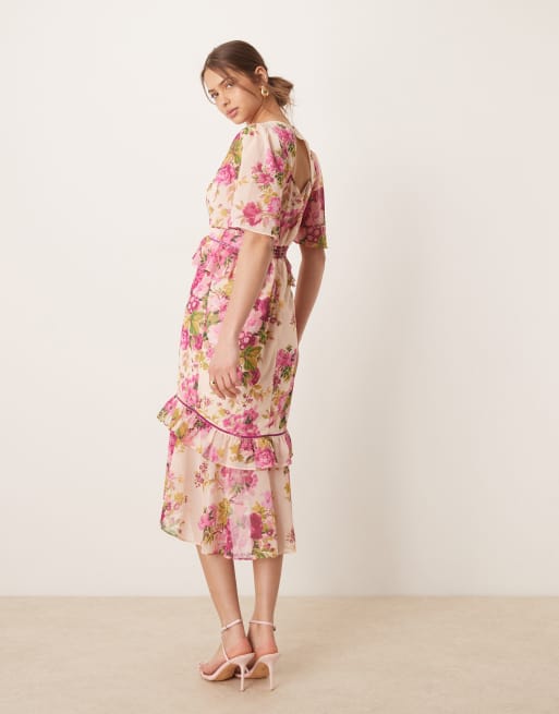 Vestido de tarde midi rosa estampado con sobrefalda en la cintura de Hope & Ivy, 3 de 4