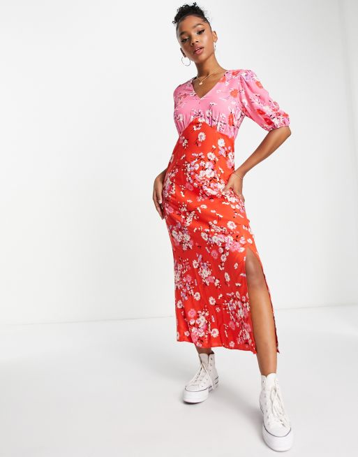 Vestido de tarde midi rosa y rojo con estampado floral en contraste de New Look