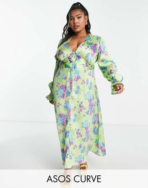 Vestido de tarde midi verde abotonado con estampado floral y mangas acampanadas de satén de ASOS DESIGN Curve