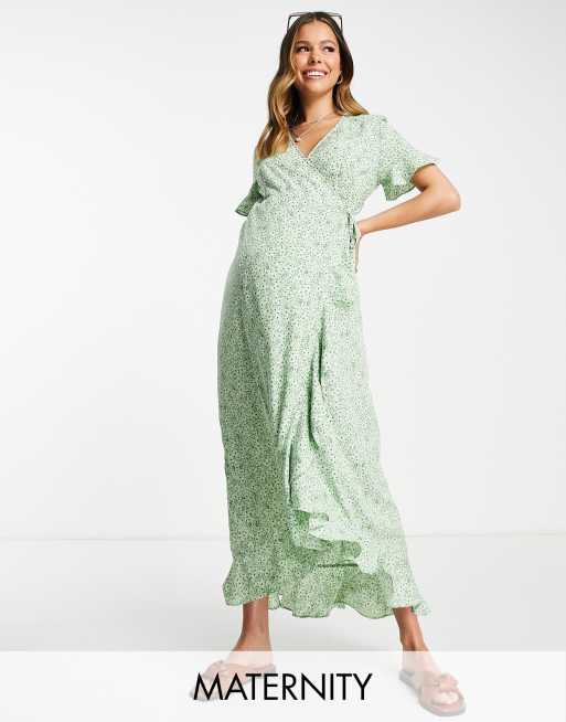 Vestido de tarde midi verde cruzado en la parte delantera con estampado floral de Vero Moda