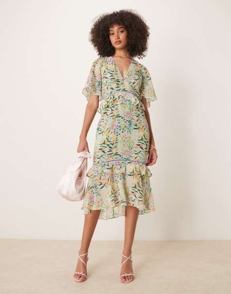 Vestido de tarde midi verde estampado con sobrefalda en la cintura de Hope & Ivy - view 1