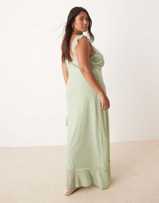 Vestido de tarde midi verde salvia con dos volantes de malla de ASOS DESIGN Curve, 2 de 4