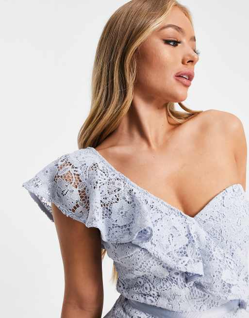 Vestido de tubo azul aciano asimétrico de encaje de Lipsy, 3 de 4