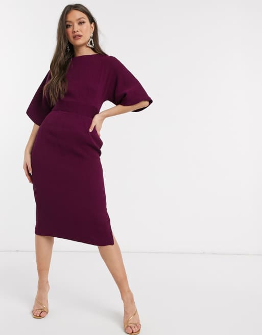 Vestido de tubo de canalé color ciruela con cinturón anudado de Closet London