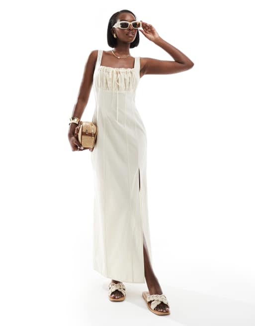 Vestido de tubo midi beis con pecho fruncido y ribete de cinta de lino de ASOS DESIGN