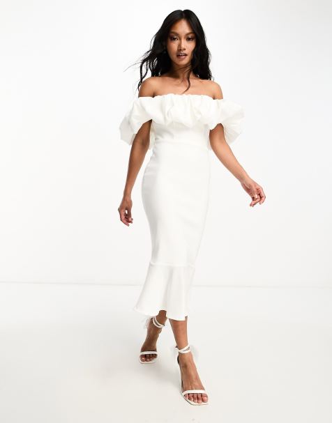 Vestido de tubo midi blanco marfil con escote Bardot y sobrefalda en el bajo de True Violet - view 1
