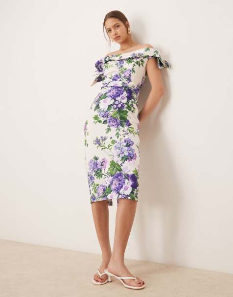 Vestido de tubo midi blanco y morado con escote Bardot y detalle en las mangas de Hope & Ivy - view 1