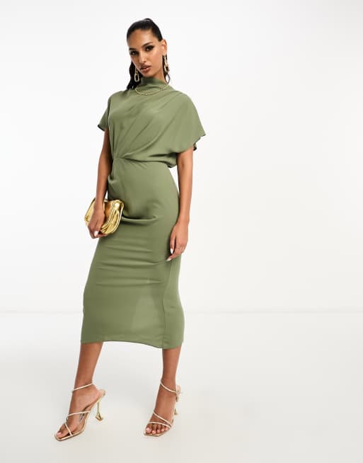 Vestido de tubo midi caqui con lateral fruncido y parte delantera drapeada de ASOS DESIGN