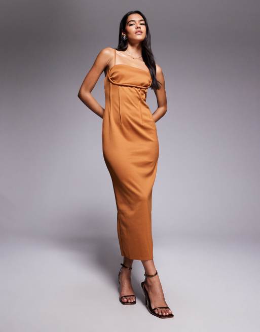 Vestido de tubo midi color bronce estructurado con costuras a la vista y detalle de corsé de ASOS DESIGN