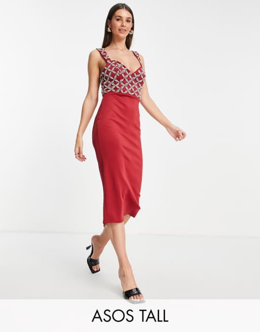 Vestido de tubo midi color guinda cruzado con escote de corazón pronunciado y cuerpo adornado de ASOS DESIGN Tall