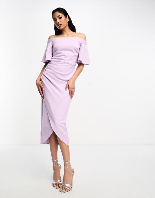 Vestido de tubo midi color lavanda con escote Bardot, detalle de mangas y falda cruzada de True Violet 
