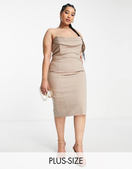 Vestido de tubo midi color piedra con escote palabra de honor desbocado de Lavish Alice Plus