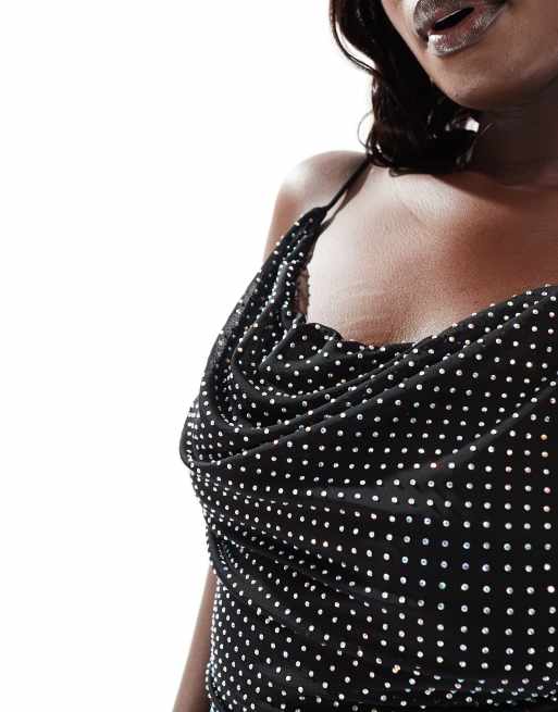 Vestido de tubo midi negro con cuello desbocado y diseño de strass