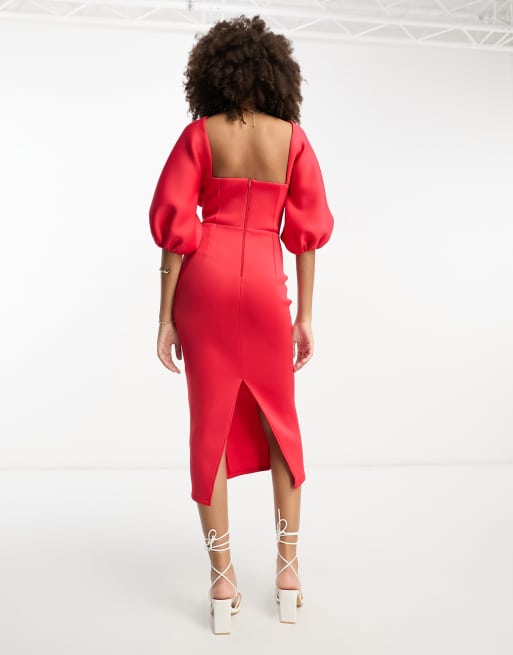 Vestido de tubo midi rojo con cuello alto, espalda abierta y detalle de costuras de ASOS |