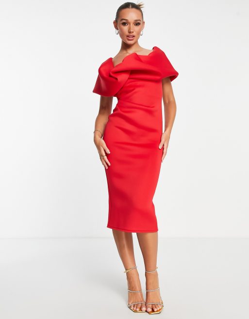 Vestido de tubo midi rojo con diseño asimétrico y detalle abombado de ASOS DESIGN