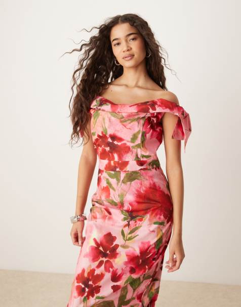 Vestido de tubo midi rosa con estampado floral, escote Bardot y detalle de mangas de Hope & Ivy - view 1