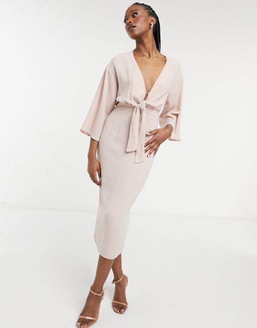 Vestido de tubo midi rosa con parte delantera anudada de ASOS DESIGN
