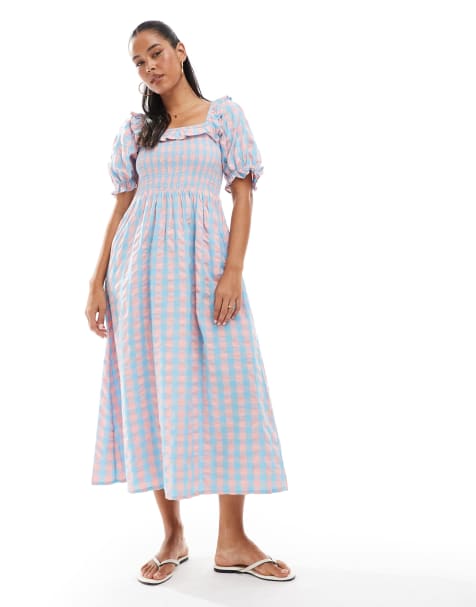 Vestido estilo mesonera a cuadros vichy azules y rosas con mangas abullonadas de New Look - view 1