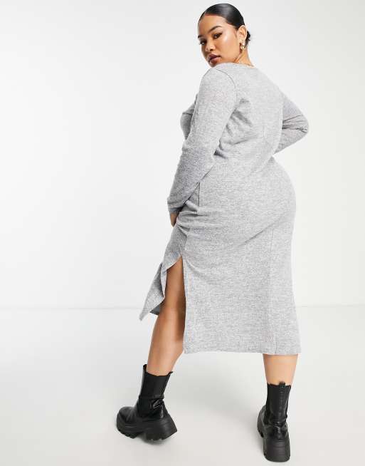 Vestido gris claro estilo camiseta de manga larga con abertura lateral de  Yours | ASOS