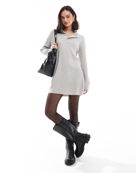 Vestido gris claro estilo jersey con cuello alzado y detalle de botones de punto de canalé grueso de Wednesday's Girl - view 1