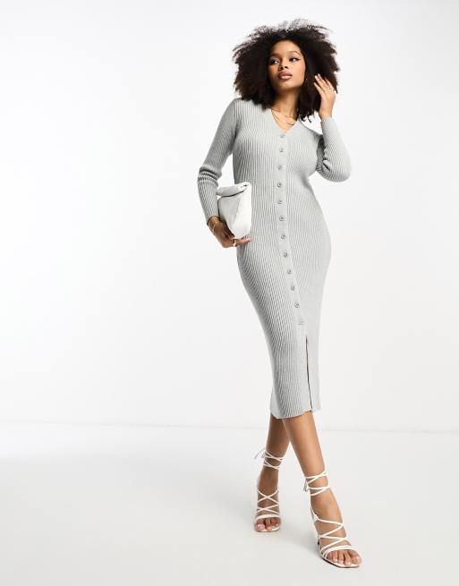 Vestido gris estilo cárdigan con botones delanteros de canalé de Glamorous