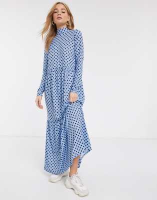 Vestido Largo a Capas De Manga Larga Con Estampado De Lunares En Azul De ASOS DESIGN-Multicolor