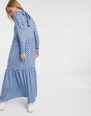 Vestido Largo a Capas De Manga Larga Con Estampado De Lunares En Azul De ASOS DESIGN-Multicolor thumbnail