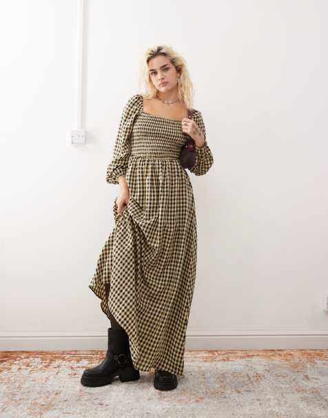 Vestido largo a cuadros negros y beis fruncido de Daisy Street - view 1