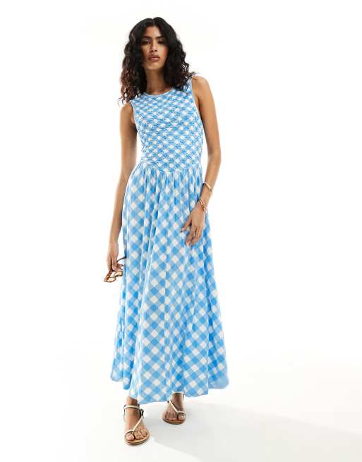 Vestido largo a cuadros vichy con espalda al aire y cuerpo fruncido de tejido rugoso de ASOS DESIGN