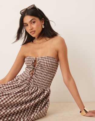 ASOS DESIGN shirred tie front bandeau maxi dress in chocolate gingham