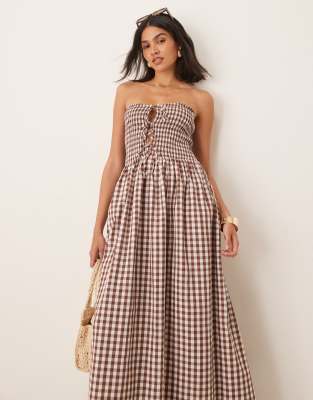 ASOS DESIGN shirred tie front bandeau maxi dress in chocolate gingham
