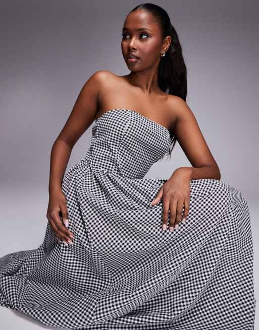 Vestido largo a cuadros vichy negros con escote palabra de honor