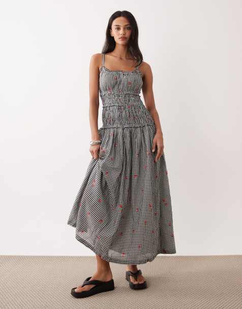 Vestido largo a cuadros vichy negros fruncido con cintura baja de Abercrombie & Fitch - view 1