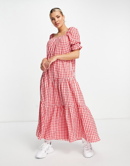 largo a cuadros vichy rojos de corte amplio escalonado ASOS DESIGN | ASOS