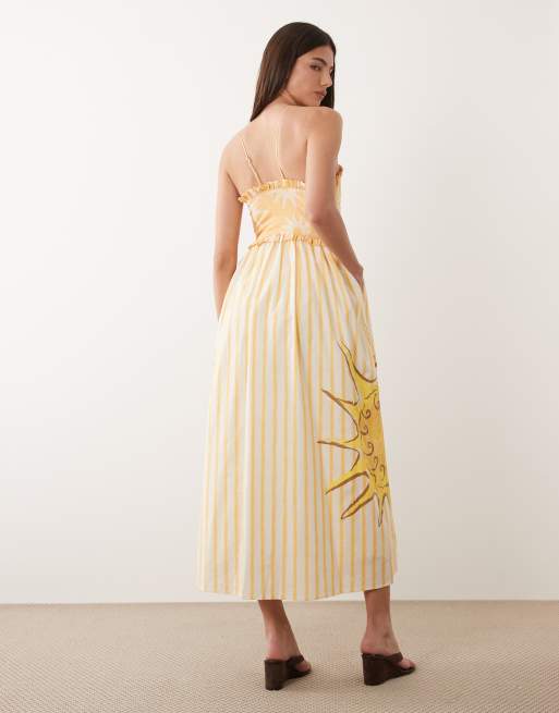 Vestido largo a rayas amarillas con cuello halter de algodón Ashley de Never Fully Dressed, 3 de 4