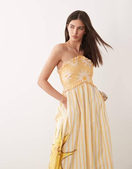 Vestido largo a rayas amarillas con cuello halter de algodón Ashley de Never Fully Dressed, 4 de 4
