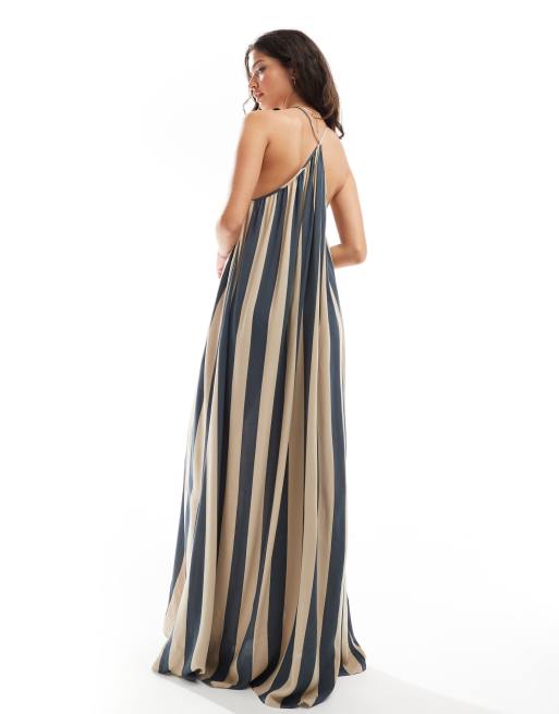 Vestido largo a rayas azul marino y beis de corte trapecio de viscosa de ASOS DESIGN, 4 de 4