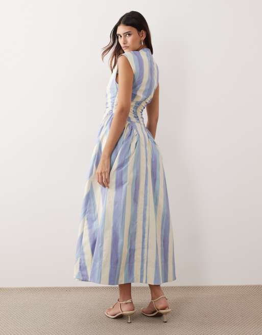 Vestido largo a rayas azules cruzado con cintura baja de ARRANGE, 4 de 4