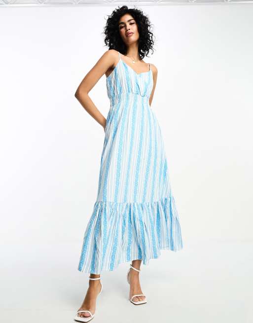 Vestido largo a rayas blancas y azules de tirantes con bordados de Y.A.S, 3 de 4