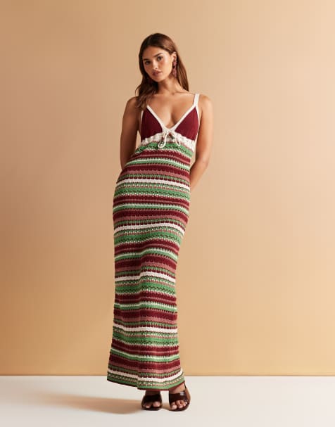 Vestido largo a rayas multicolores con lazada con cuentas de punto de croché de ASOS DESIGN - view 1