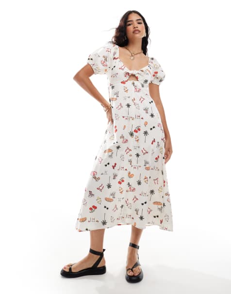 Vestido largo abotonado con estampado de postal y lazada delantera de mezcla de lino de Miss Selfridge - view 1